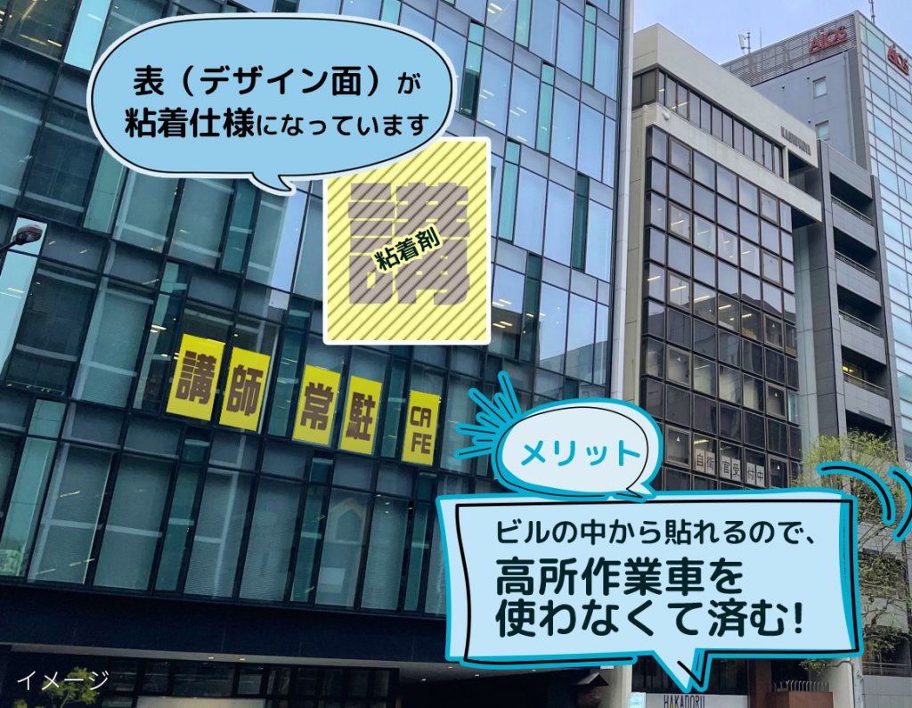 表（デザイン面が粘着仕様になっています）メリットはビルの中から貼れるので高所作業車を使わなくて済む！